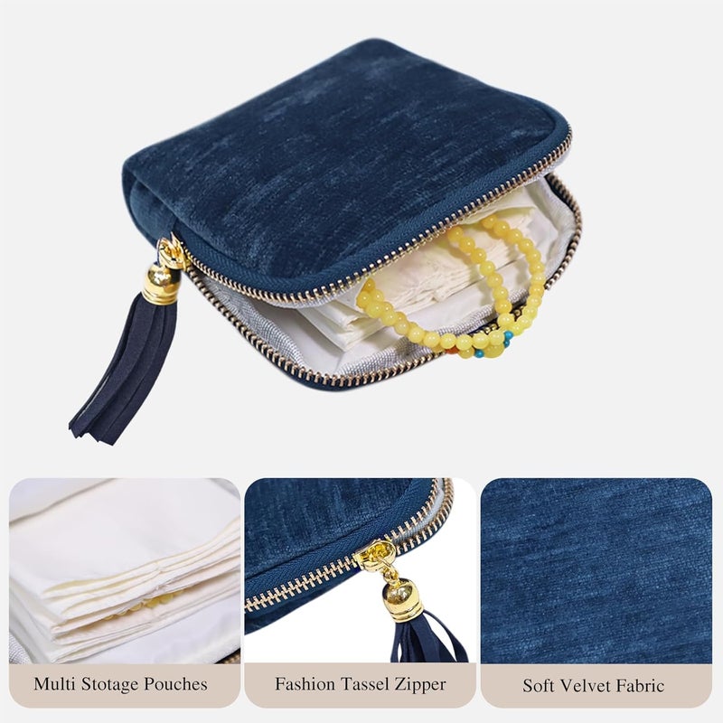 Stratalife Travel Jewelry Case Organizer for Women Portable Jewelry Box with Small Pouches for Gemstones Healing Crystal Bracelets, Necklace Bangles Storage, Gift Ring Holder, Blue Tassel - Image 2